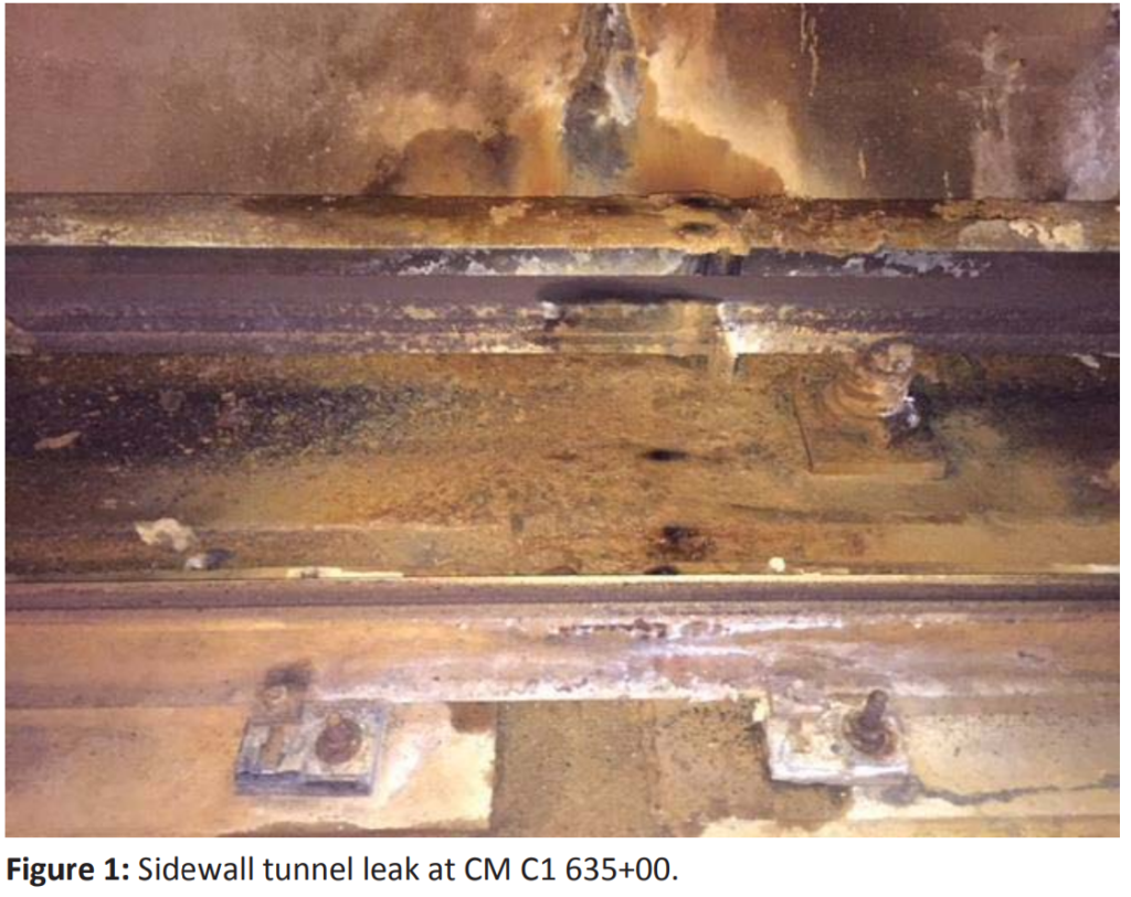 On the Yellow Line from Huntington to Eisenhower Ave, the side wall tunnel leaks onto third rail and running rail causing rusting. (Courtesy FTA)