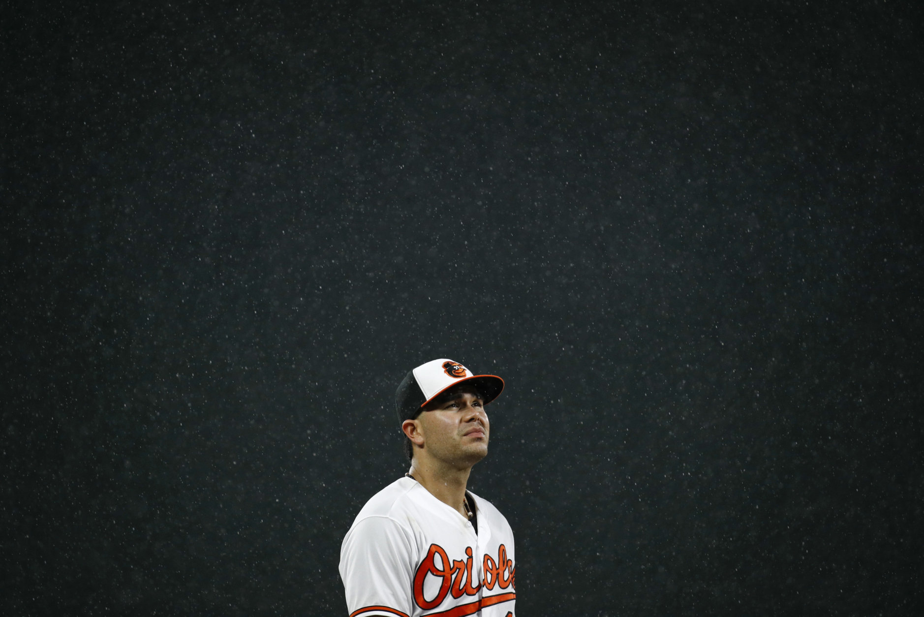 Baltimore Orioles third baseman Renato Nunez looks up as rain falls in the sixth inning of a baseball game against the Boston Red Sox, Tuesday, July 24, 2018, in Baltimore. (AP Photo/Patrick Semansky)