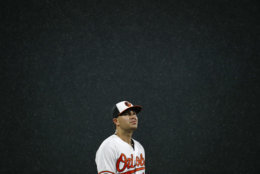 Baltimore Orioles third baseman Renato Nunez looks up as rain falls in the sixth inning of a baseball game against the Boston Red Sox, Tuesday, July 24, 2018, in Baltimore. (AP Photo/Patrick Semansky)