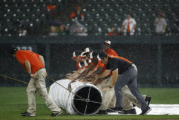Grounds crew members roll a tarp over the field during a rain delay in a baseball game between the Boston Red Sox and the Baltimore Orioles, Tuesday, July 24, 2018, in Baltimore. (AP Photo/Patrick Semansky)