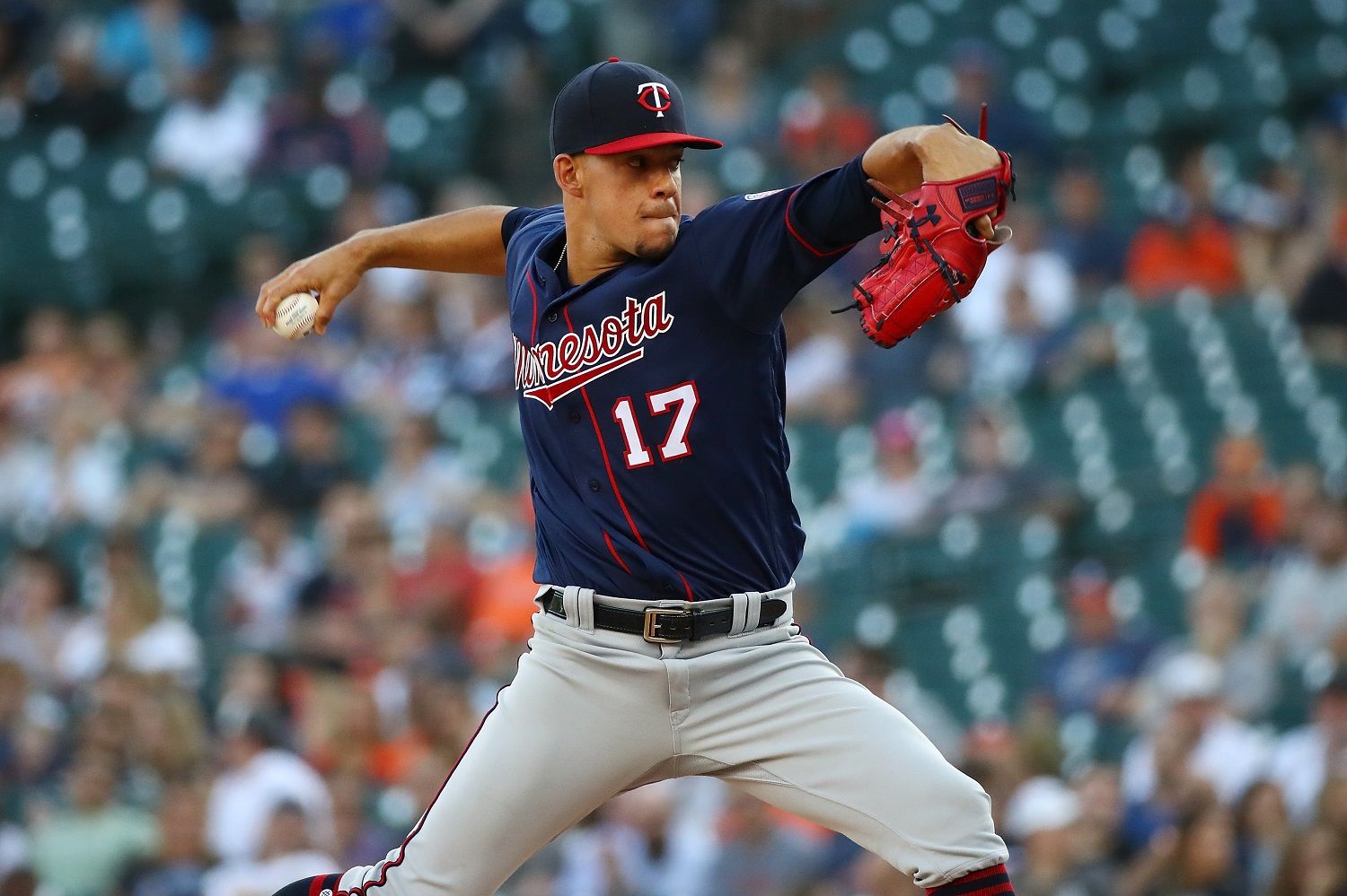 DETROIT, MI - JUNE 13: Jose Berrios #17 of the Minnesota Twins throws a first inning pitch while playing the Detroit Tigers at Comerica Park on June 13, 2018 in Detroit, Michigan.  (Photo by Gregory Shamus/Getty Images)