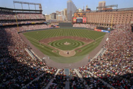 FILE - In this April 6, 1992, file photo,  a general view from the upper level in the new Oriole Park at Camden Yards during opening day baseball game between the Cleveland Indians and Baltimore Orioles in Baltimore. The Orioles will celebrate mark the 20th anniversary of the inaugural opener at the Camden Yards on Friday, April 6, 2012, when they face the Minnesota Twins.(AP Photo/Ted Mathias, File)
