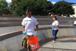 Everyday cleaning products, including Windex, were sufficient to clean the memorial. (WTOP/Liz Anderson)