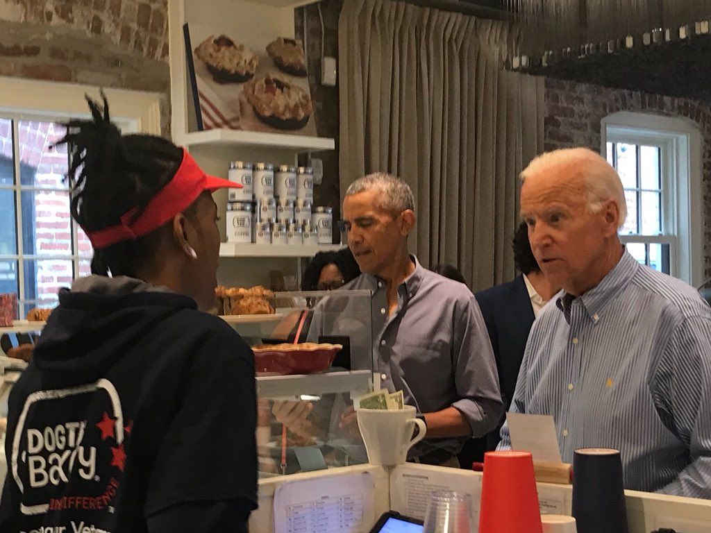 Former President Barack Obama and former Vice President Joe Biden dropped into Dog Tag Bakery in Georgetown for lunch on Monday, July 30, 2018. (Courtesy Dog Tag Bakery via Twitter)