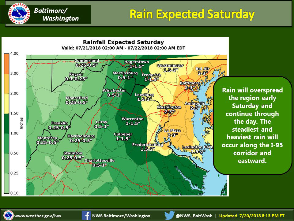 The expected rainfall totals for Saturday, July 21. The National Weather Service has issued a flash flood watch that will be in effect beginning at 11 a.m. (Courtesy National Weather Service)