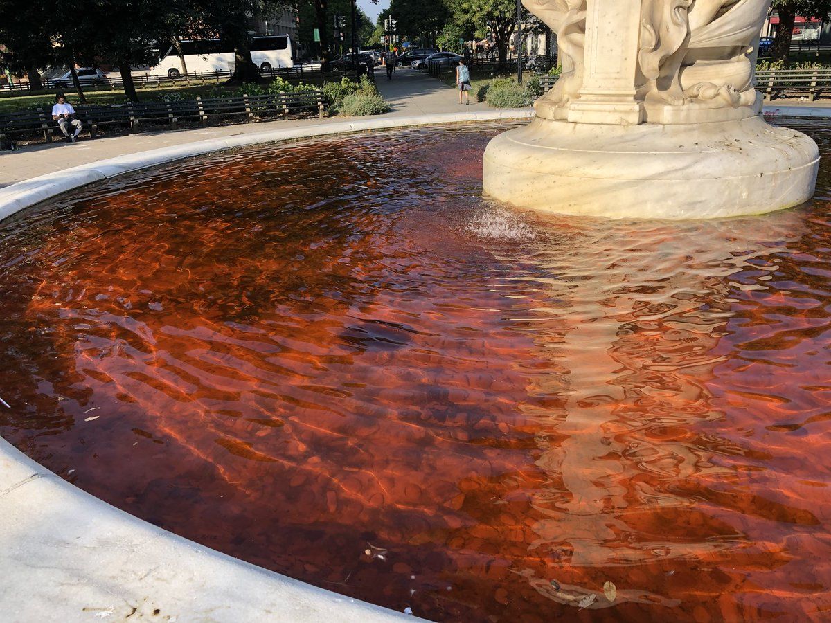 The National Park Service is draining the fountain at Dupont Circle after they say someone likely dropped red dye in the water Monday. (Courtesy The Pope of Dupont Circle @PopeDupontCircl via Twitter)