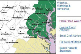 The National Weather Service has issued a flash flood watch in effect for the D.C. area starting at 11 a.m. on Saturday through later Saturday night. Expect as much as two to four inches of rain. (Courtesy National Weather Service)