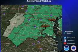 A flash flood watch is in effect for the D.C. area starting at noon through late Monday. The weather service said the rsk of flash flooding could extend into Wednesday in the D.C. area because of the soaked ground and high streams from the rain over the weekend. (Courtesy National Weather Service)