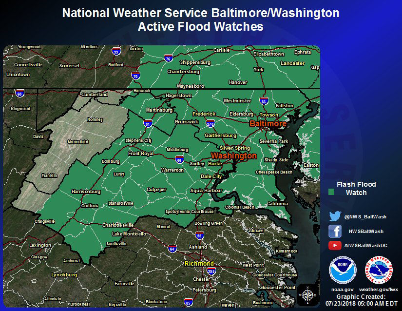 A flash flood watch is in effect for the D.C. area starting at noon through late Monday. The weather service said the rsk of flash flooding could extend into Wednesday in the D.C. area because of the soaked ground and high streams from the rain over the weekend. (Courtesy National Weather Service)