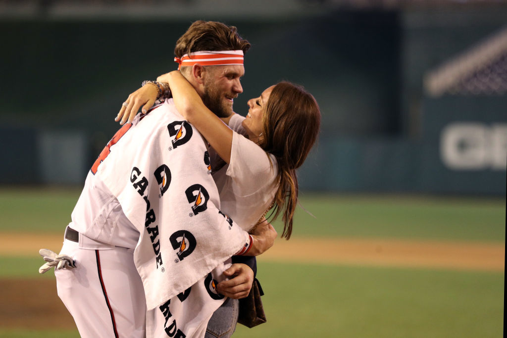 WASHINGTON, DC - JULY 16:  Bryce Harper of the Washington Nationals and National League celebrates with wife Kayla Varner after winning the T-Mobile Home Run Derby at Nationals Park on July 16, 2018 in Washington, DC.  Harper defeated Kyle Schwarber of the Chicago Cubs and National League 19-18.  (Photo by Patrick Smith/Getty Images)