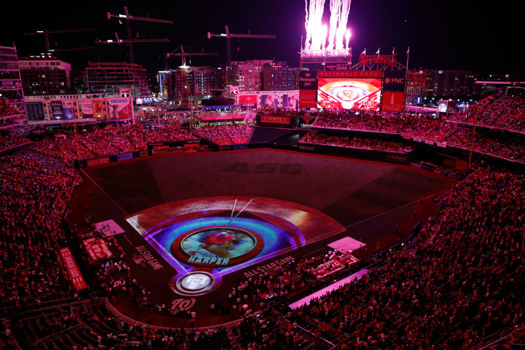WASHINGTON, DC - JULY 16:  A general view as images are projected on the field during the T-Mobile Home Run Derby at Nationals Park on July 16, 2018 in Washington, DC.  (Photo by Patrick McDermott/Getty Images)