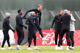 SAINT PETERSBURG, RUSSIA - JULY 02:  Harry Kane of England, Raheem Sterling of England, Ashley Young of England , Danny Welbeck of England and Eric Dier of England react during the England training session at the Stadium Spartak Zelenogorsk on July 2, 2018 in Saint Petersburg, Russia.  (Photo by Alex Morton/Getty Images)