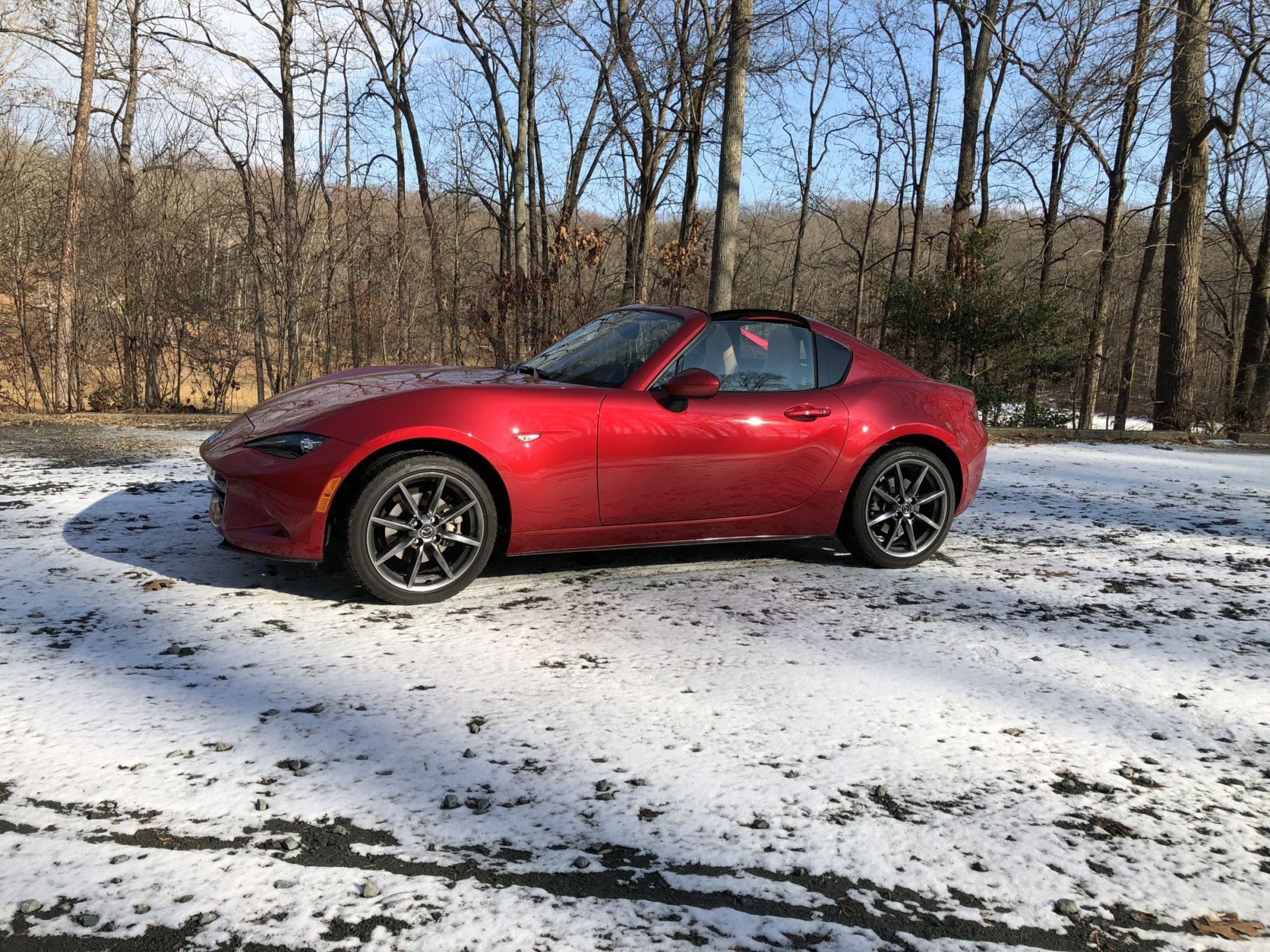 Mike Parris drove the latest version of the new MX-5 called the RF, which loses the easy, manual and fabric top, replacing it with an electric folding roof. (WTOP/Mike Parris)