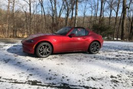 Mike Parris drove the latest version of the new MX-5 called the RF, which loses the easy, manual and fabric top, replacing it with an electric folding roof. (WTOP/Mike Parris)