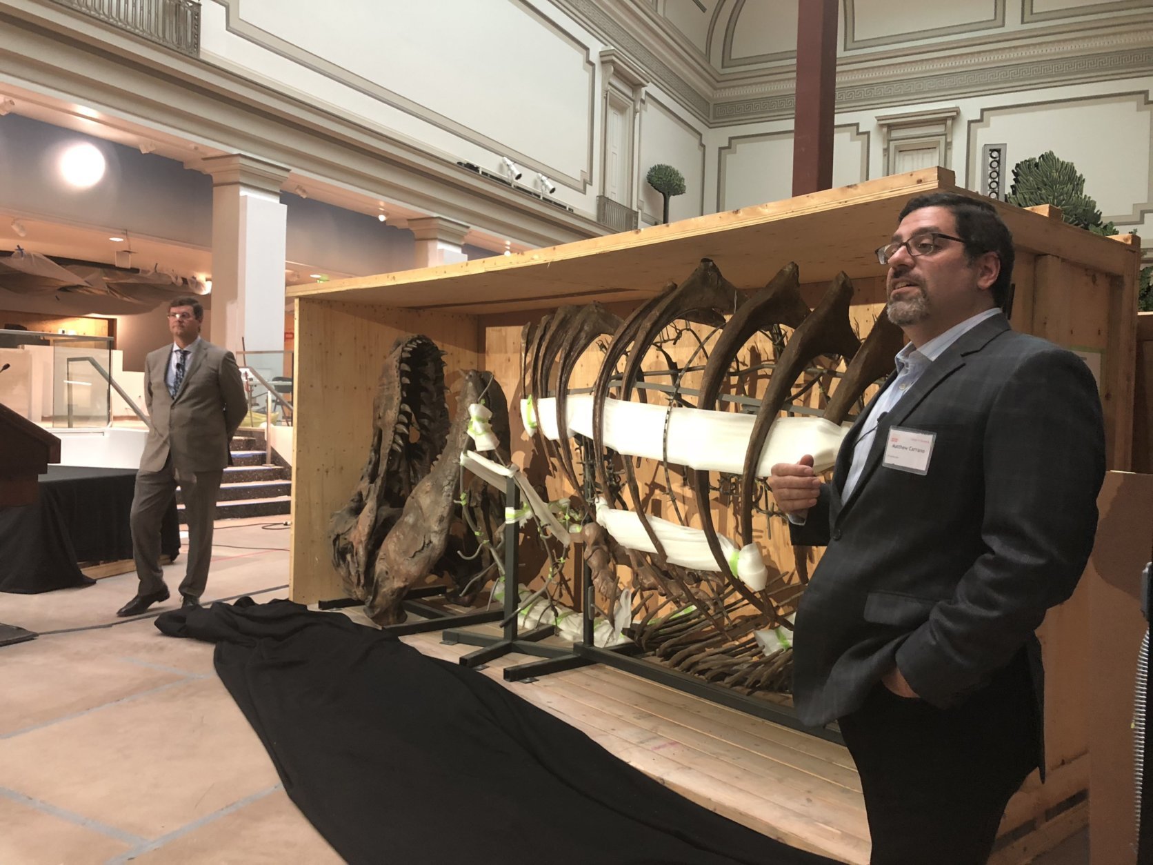 From left to right: Kirk Johnson, director of the National Museum of Natural History, and Matthew T. Carrano, curator of Dinosauria, standing in the new Dinosaur Hall, named Deep Time, next to a crate holding the skeleton of one of it’s newest additions, a Tyrannosaurus rex. (WTOP/Melissa Howell)