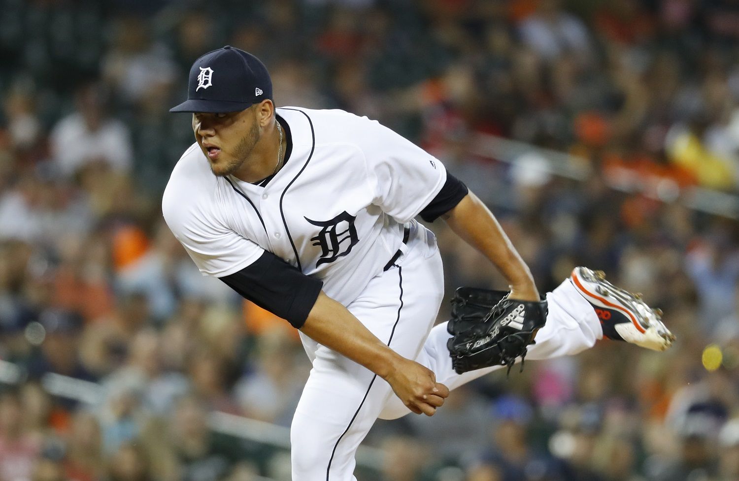 Detroit Tigers relief pitcher Joe Jimenez throws in the eighth inning of a baseball game against the Cleveland Indians in Detroit, Friday, June 8, 2018. (AP Photo/Paul Sancya)