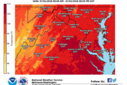 Sunday will be hotter and more humid than Saturday with the heat index topping 100 degrees in several places throughout the D.C. area. (Courtesy National Weather Service)