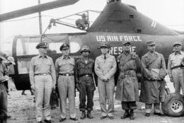 Gen. Matthew B. Ridgway, Supreme Commander (second from right), stands, with United Nations? negotiators before their departure from advance base camp in South Korea for peace conference at Kaesong, July 10, 1951. From left: rear Adm. Arleigh Burke; Maj. Gen. L.C. Craigie; Gen. Paik Sun Yup, South Korean Army; Vice Adm. C. Turner Joy, Senior Negotiator; Gen. Ridgway, and Maj. Gen. Henry I. Hodes. (AP Photo/Jim Pringle)