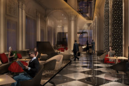 The redesigned lobby, called the Living Room at the W, will include what a Marriott statement describes as a seemingly endless mirror, honoring the Reflecting Pool of the Lincoln Memorial. 
 (Credit: Marriott International)