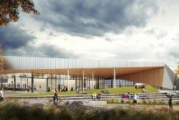 This rendering shows the exterior of the Long Bride Park aquatics center design, which County Board member John Vihstadt said would cost  $60 million. (Courtesy ARLNow/Chris Teale)