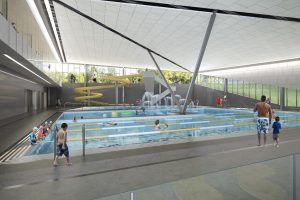 This rendering shows the plan for the family pool in the Long Bridge Park aquatics center. (Courtesy ARLNow/Chris Teale)