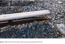 On the Orange Line between Deanwood and New Carolloton, a third-rail end surface is burnt away. (Courtesy FTA)