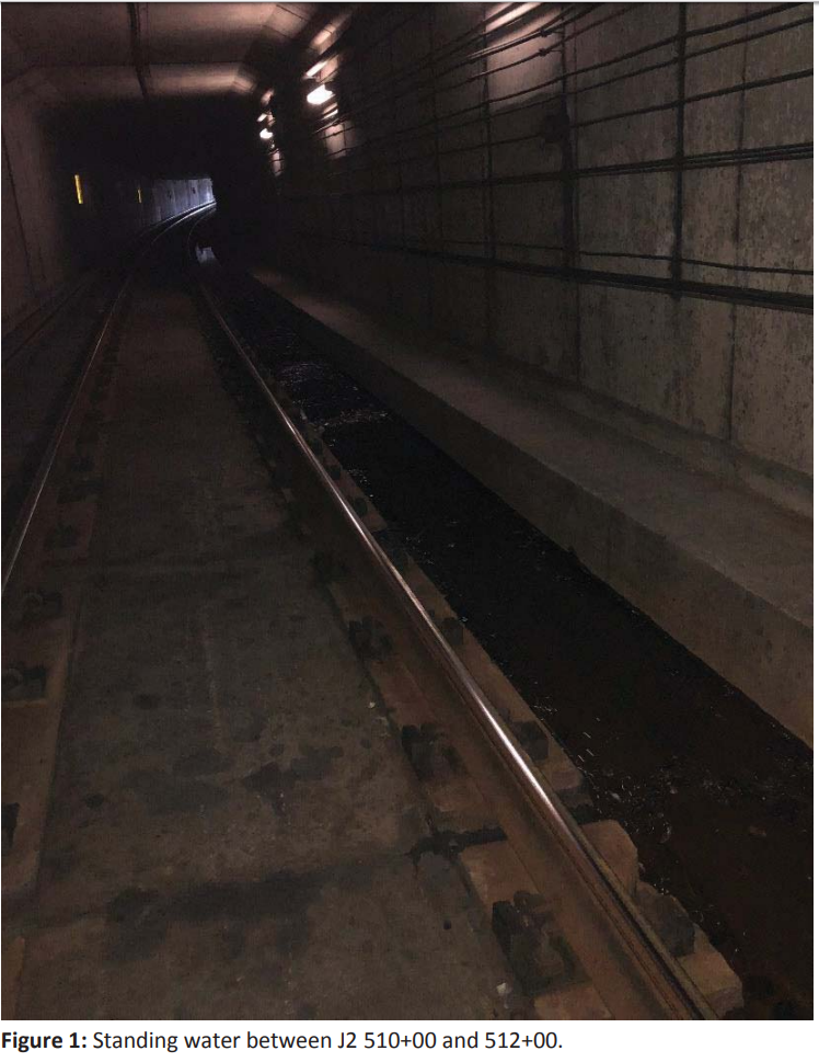 Standing water next to the tracks on the Blue Line south of King Street. (Courtesy FTA)