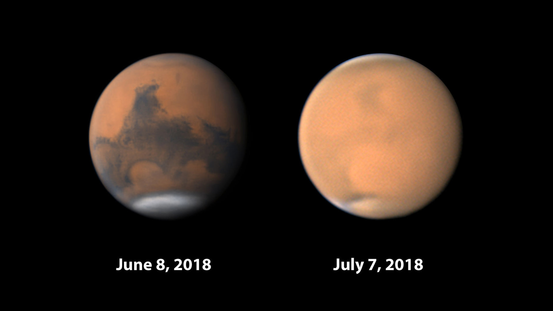 From SkyandTelescope.com: "A dust storm first noticed on Mars in late May has since engulfed the entire planets, as underscored by these images of the same hemisphere taken one month apart by amateur astronomers Damian Peach (left) and Christophe Pellier (right)." (Sky & Telescope)