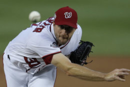 Washington Nationals starting pitcher Max Scherzer (31) throws during the fourth inning of the team's baseball game against the Baltimore Orioles at Nationals Park, Thursday, June 21, 2018, in Washington. (AP Photo/Carolyn Kaster)