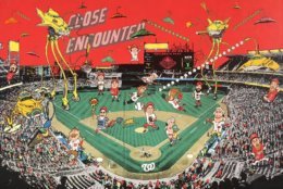 The artist depicts a celebratory, "War of the Worlds"-like invasion of Nationals Park by Havana taxis. (WTOP/Noah Frank)