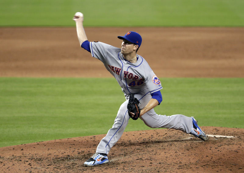 New York Mets starting pitcher Jacob deGrom delivers during the sixth inning of a baseball game against the Miami Marlins, Saturday, June 30, 2018, in Miami. The Marlins won 5-2. (AP Photo/Lynne Sladky)