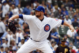 Chicago Cubs starting pitcher Jon Lester throws against the Pittsburgh Pirates during the first inning of a baseball game Saturday, June 9, 2018, in Chicago. (AP Photo/David Banks)