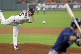 Houston Astros starting pitcher Justin Verlander, left, throws to Tampa Bay Rays' Matt Duffy during the first inning of a baseball game Tuesday, June 19, 2018, in Houston. (AP Photo/David J. Phillip)