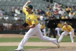 Oakland Athletics pitcher Blake Treinen throws against the Baltimore Orioles during the ninth inning of a baseball game in Oakland, Calif., Sunday, May 6, 2018. The Athletics won 2-1. (AP Photo/Jeff Chiu)