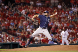 San Diego Padres relief pitcher Brad Hand throws during the ninth inning of a baseball game against the St. Louis Cardinals Tuesday, June 12, 2018, in St. Louis. (AP Photo/Jeff Roberson)