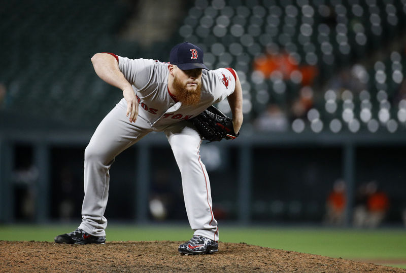 Boston Red Sox relief pitcher Craig Kimbrel prepares to throw to the Baltimore Orioles during a baseball game, Monday, June 11, 2018, in Baltimore. (AP Photo/Patrick Semansky)