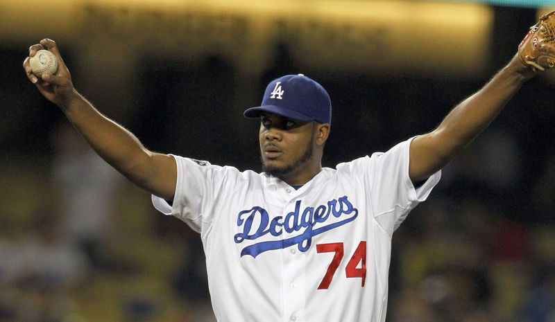 Los Angeles Dodgers reliever Kenley Jansen prepares to pitch to the St. Louis Cardinals in the ninth  inning of a baseball game in Los Angeles Friday, May 18, 2012. The Dodgers won, 6-5. (AP Photo/Reed Saxon)