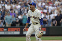 Seattle Mariners closing pitcher Edwin Diaz reacts during a baseball game against the Kansas City Royals, Sunday, July 1, 2018, in Seattle. (AP Photo/Ted S. Warren)