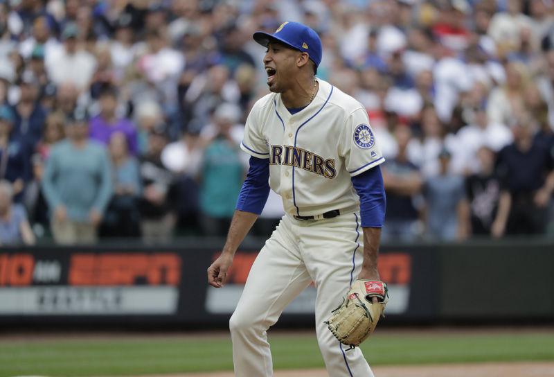 Seattle Mariners closing pitcher Edwin Diaz reacts during a baseball game against the Kansas City Royals, Sunday, July 1, 2018, in Seattle. (AP Photo/Ted S. Warren)