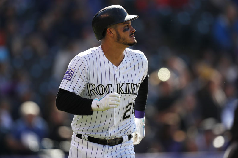 Colorado Rockies third baseman Nolan Arenado (28) in the fifth inning of a baseball game Sunday, June 24, 2018, in Denver. (AP Photo/David Zalubowski)