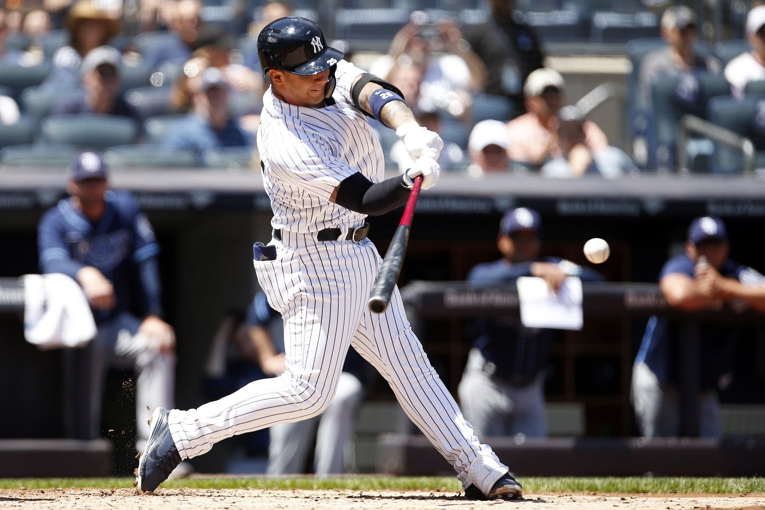 New York Yankees' Gleyber Torres hits an RBI double during the second inning of a baseball game against the Tampa Bay Rays on Saturday, June 16, 2018, in New York. (AP Photo/Adam Hunger)