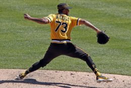 Pittsburgh Pirates relief pitcher Felipe Vazquez delivers in the ninth inning of a baseball game against the Philadelphia Phillies in Pittsburgh, Sunday, July 8, 2018. The Pirates won 4-1. (AP Photo/Gene J. Puskar)