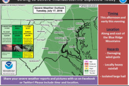 The National Weather Service said the chance for isolated severe thunderstorms is greatest along and east of the Blue Ridge Mountains, but rain is very possible in the D.C. area during the afternoon and early this evening. (Courtesy National Weather Service)
