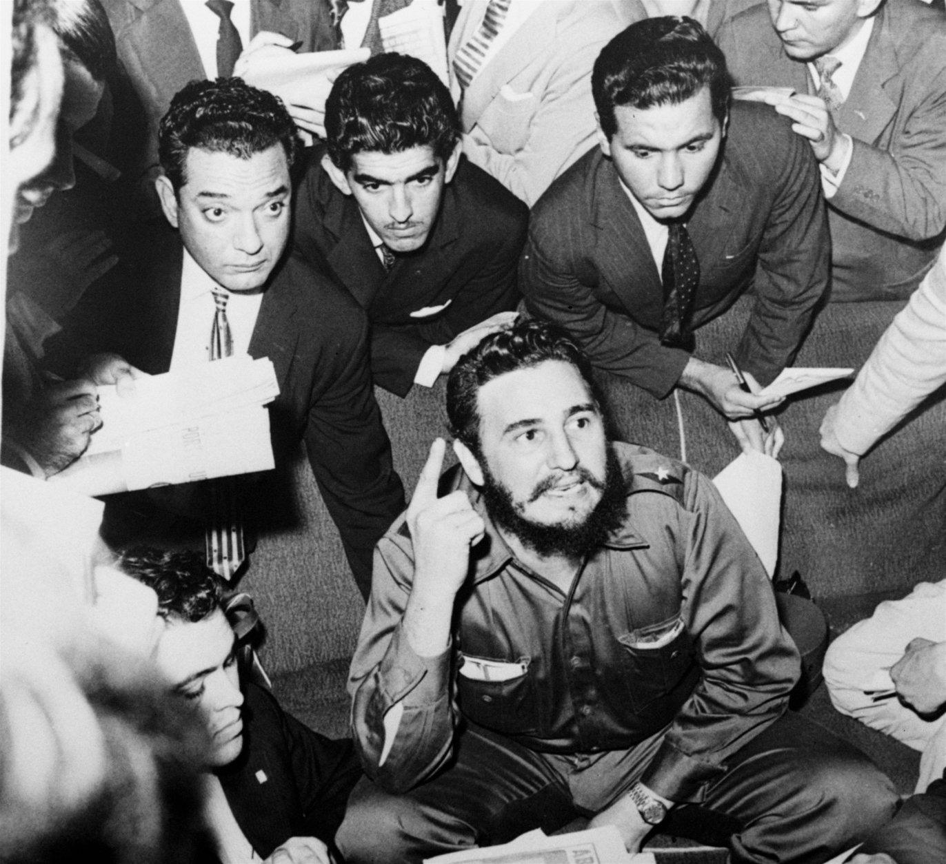 At the Hotel Excelsior, in Sao Paulo, Brazil, Fidel Castro holds a brief news conference, April 30, 1959, in which he said: "Batista [former dictator Fulgencio Batista] will not come back. He is definitely destroyed as a politician."  (AP Photo)
