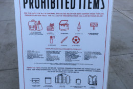 A sign outside Audi Field during a D.C. United Game on Saturday, July 28, 2018, lists items that are not allowed. (WTOP/Mike McMearty)
