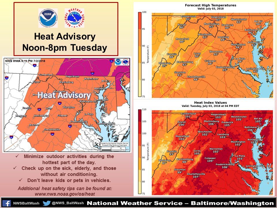 The National Weather Service has issued a heat advisory from noon to 8 p.m. "Remember to stay hydrated, limit strenuous outdoor activities, and wear lightweight, light-colored, loose-fitting clothing," The NWS says. (Courtesy National Weather Service)