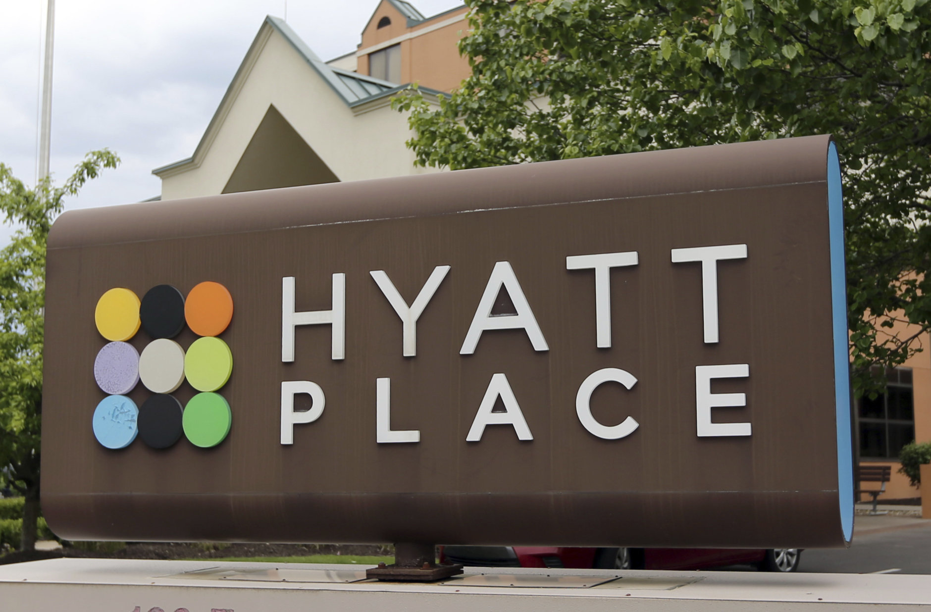 Signs for the Hyatt Place hotel mark its location on Thursday, May 4, 2017 in Carnberry, Pa., Butler County. (AP Photo/Keith Srakocic)
