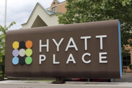 Signs for the Hyatt Place hotel mark its location on Thursday, May 4, 2017 in Carnberry, Pa., Butler County. (AP Photo/Keith Srakocic)