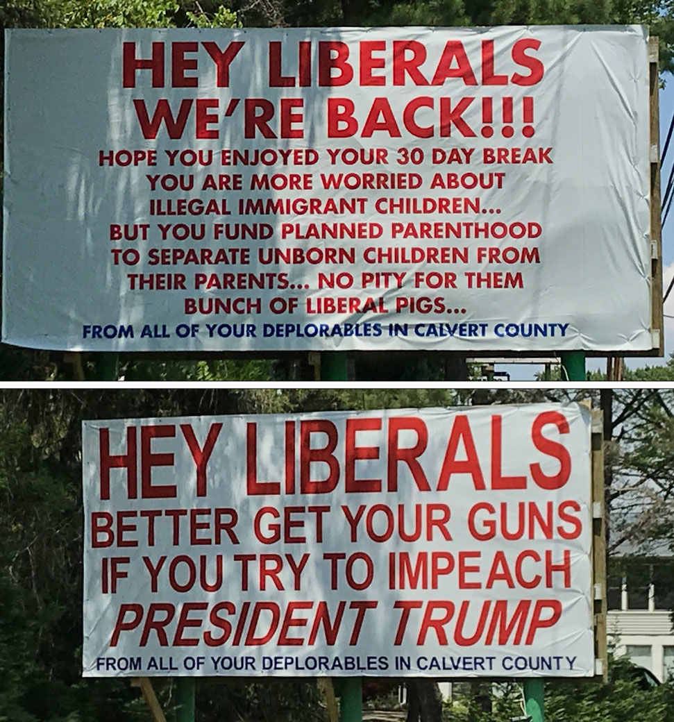 Above: The new pro-Trump sign has appeared on a billboard along Route 4 in Calvert County, Maryland, in the same location where a previous, similar sign had been posted in May. Below: The previous pro-Trump sign on the route. (WTOP/Michelle Basch)