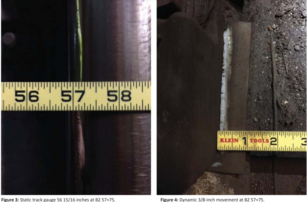 A rail sliding in-curve on the Red Line between Metro Center and RI Ave. Metro imposed medium speed restriction, but FTA inspector thought slow speed restriction would be safer. (Courtesy FTA)